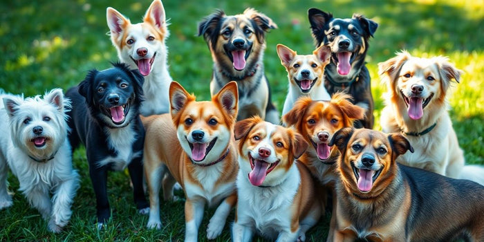 Ten cute dogs sitting together in a field.