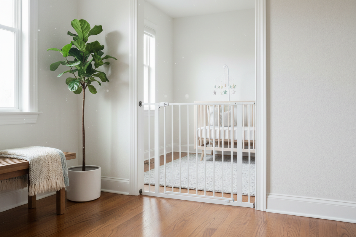 Bright nursery hallway with a white baby safety gate installed in a wide doorway