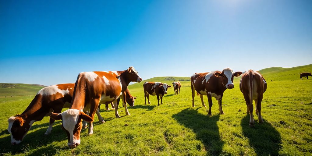 Brown and white cows grazing in a green pasture.