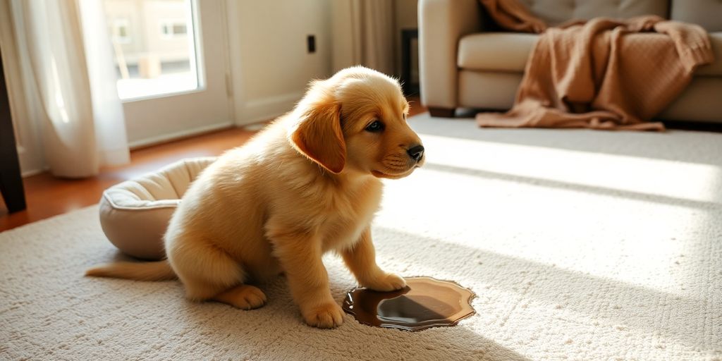 Dog peeing on living room rug.