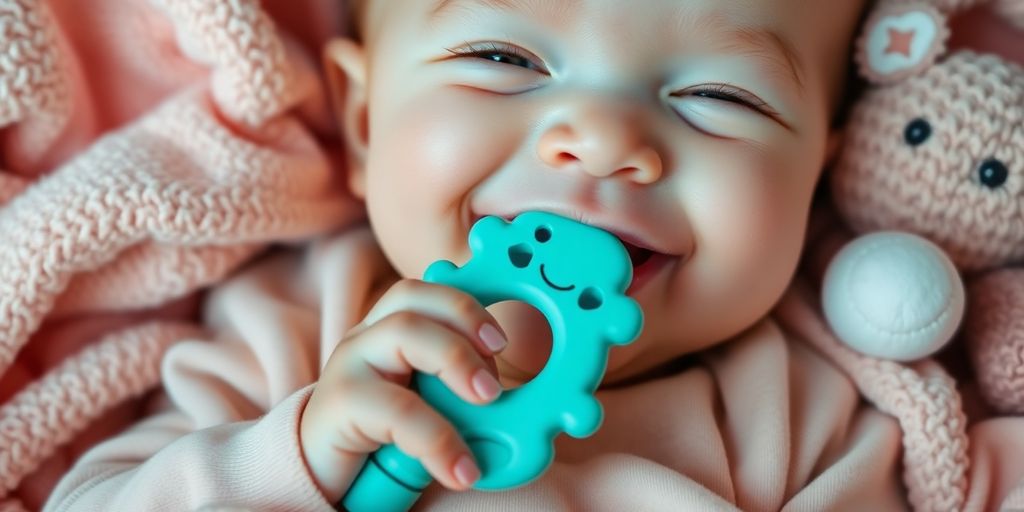 Baby with teething toy and soft blankets in background.