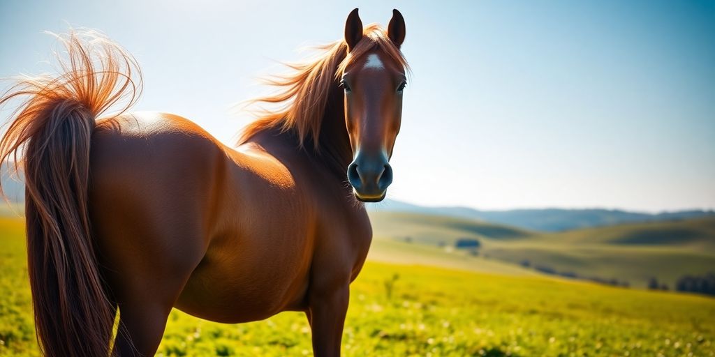 Beautiful horse with a braided mane in a field