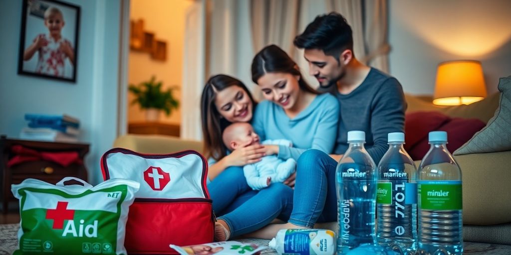 Family preparing for emergencies with infant supplies.