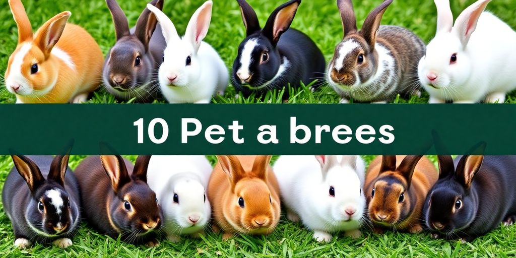Fluffy rabbits of various breeds in a garden.