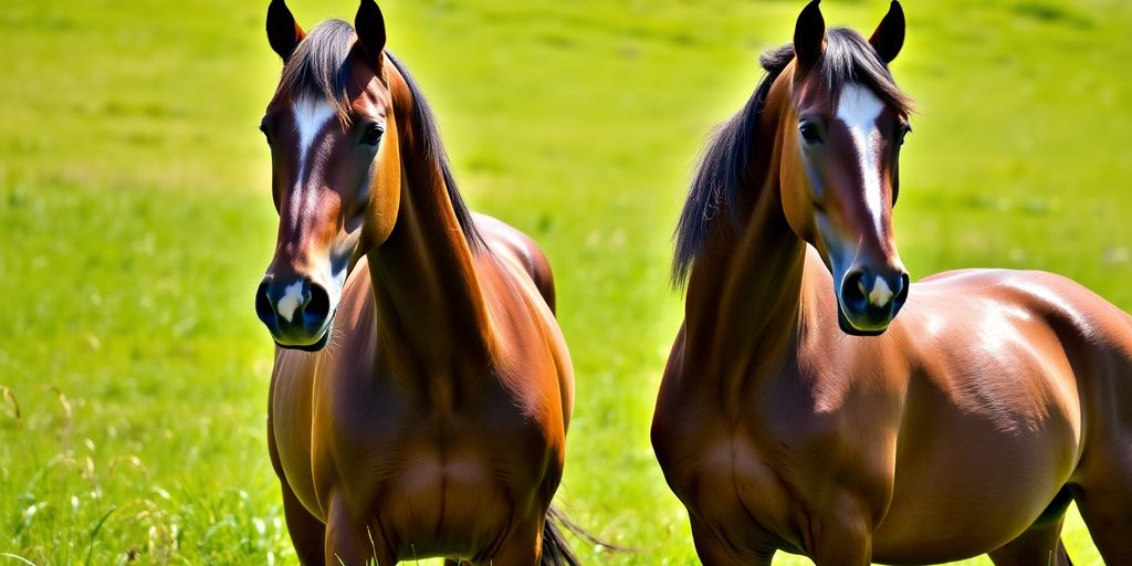 Majestic stallion and gelding in a sunny pasture.