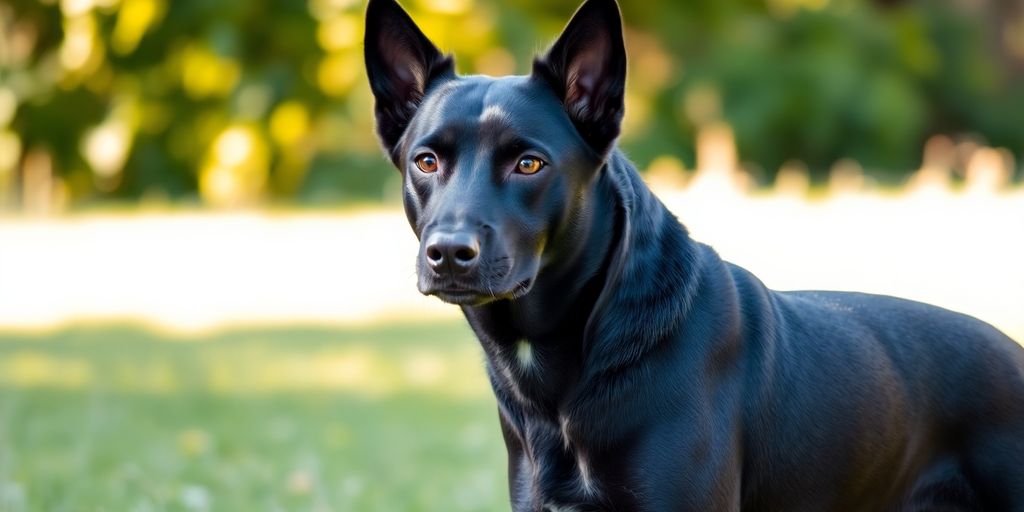 Black dog stands majestically, looking forward.