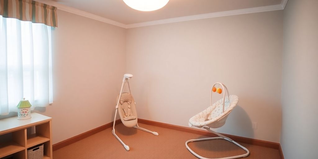 Cozy baby swing and bouncer in a soft pastel room.