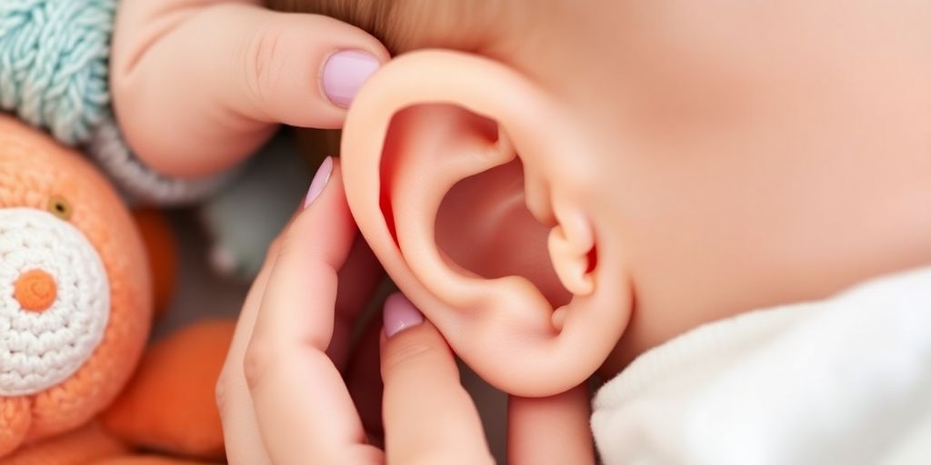 Close-up of a baby ear being gently held.