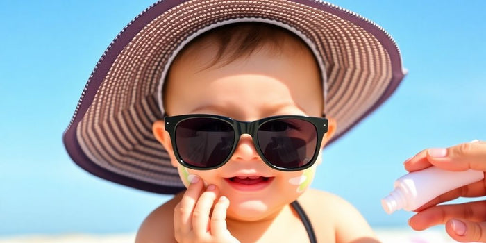 Baby in sunglasses and hat on a sunny beach.