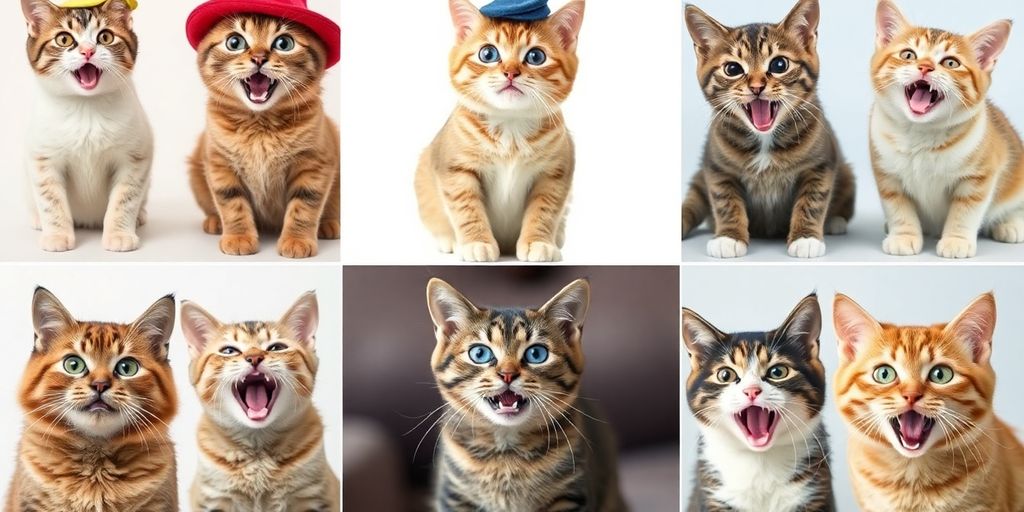 Cats wearing silly hats and making funny faces.