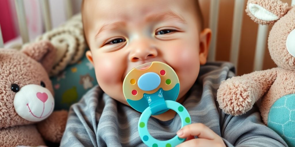 Baby with a colorful pacifier in a cozy nursery.
