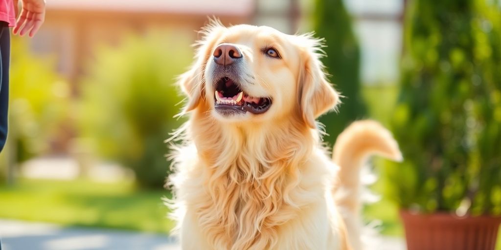 Happy dog performing a trick for owner