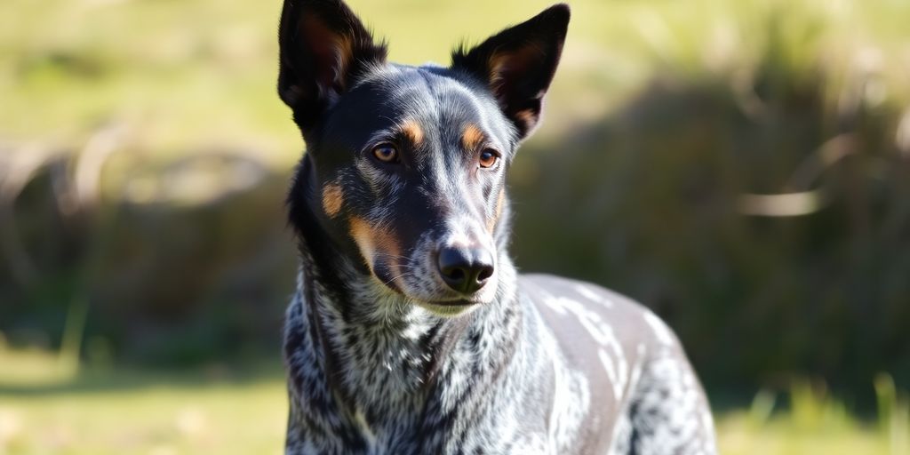 Blue Heeler dog standing alert in a grassy field.