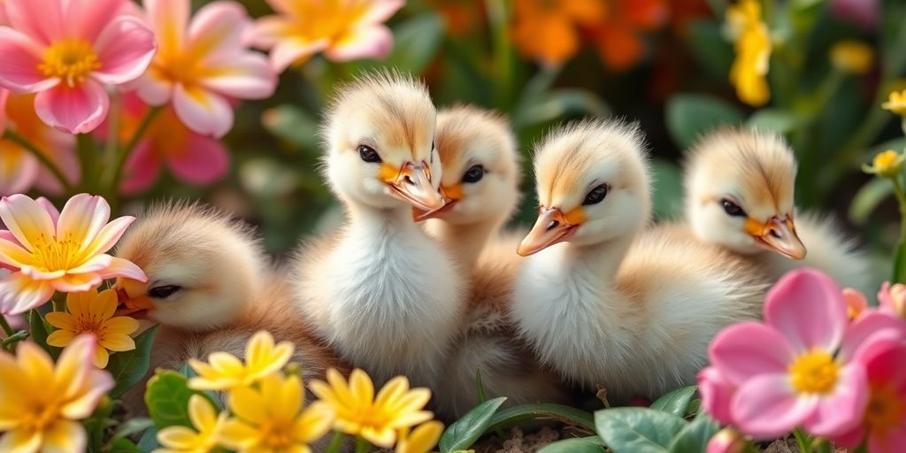 Cute ducklings with flowers