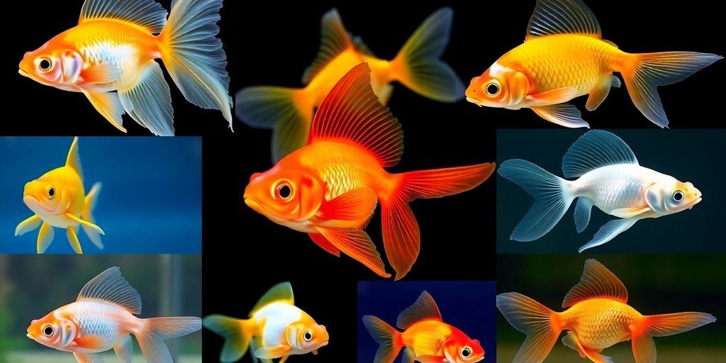 Various colorful goldfish swimming in clear water.
