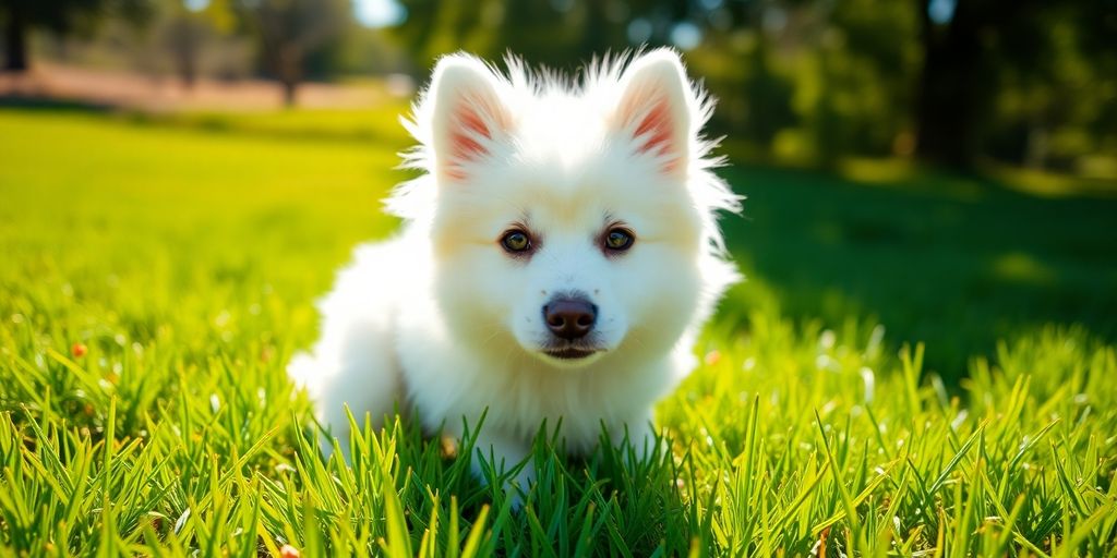 Fluffy white dog sits on green grass.