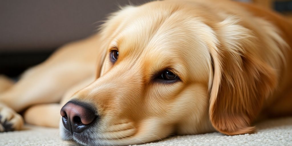 A golden retriever dog lying down looking at the camera.