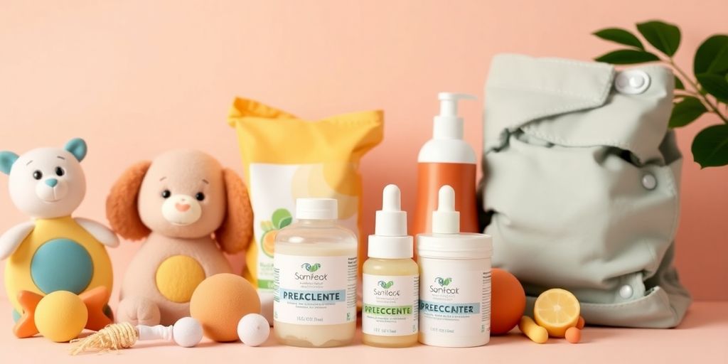 Colorful non-toxic baby products on a light background.