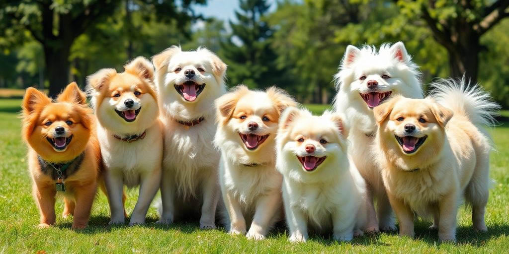 Fluffy hypoallergenic dog breeds playing together outdoors.