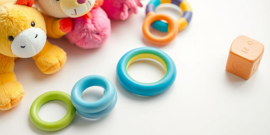 Colorful baby toys arranged on a bright surface.
