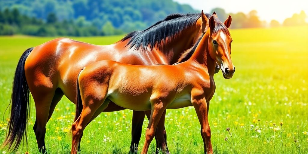 Beautiful mares and fillies grazing peacefully in a sunny meadow.