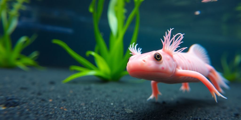 Pink axolotl swimming in clear freshwater aquarium.