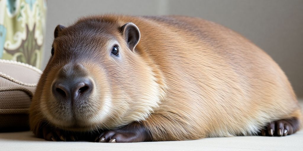 A capybara sits contentedly with a human.