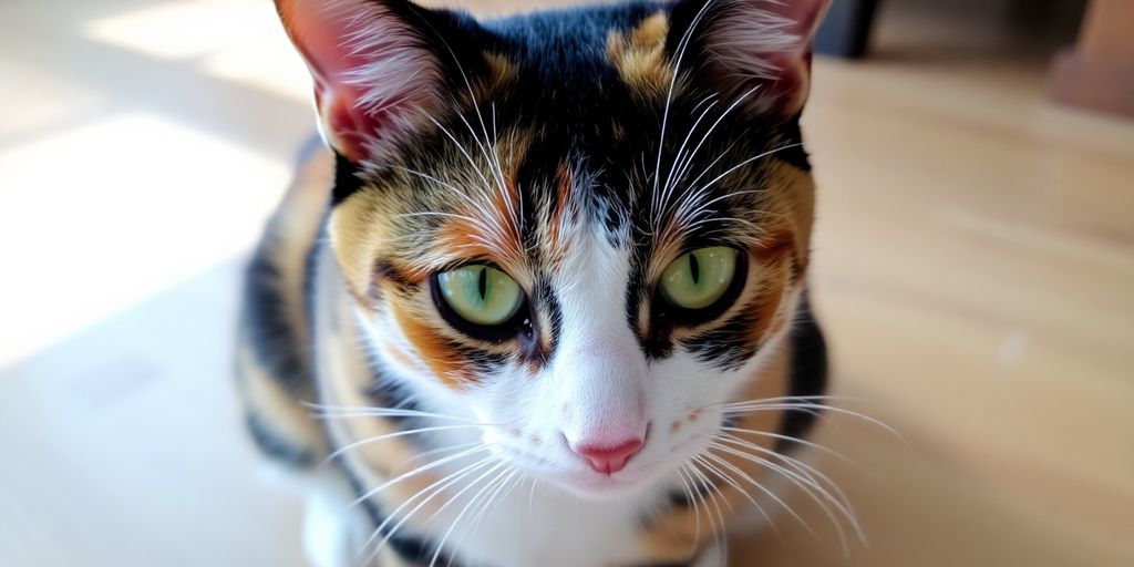 Calico cat sitting, looking forward