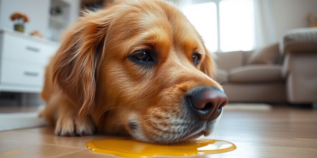 Dog with yellow bile, concerned owner.