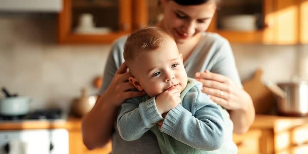 Parent holding baby safely in a warm kitchen setting.