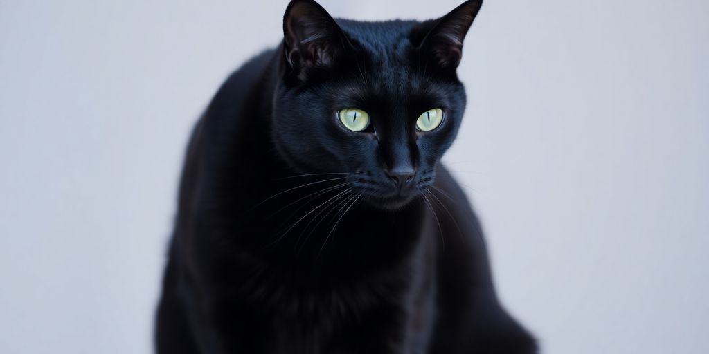 A sleek black cat with bright green eyes sits gracefully.