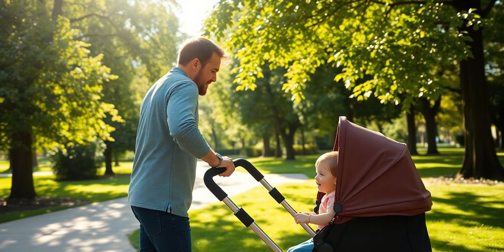 Parent with child in stroller enjoying a sunny park.