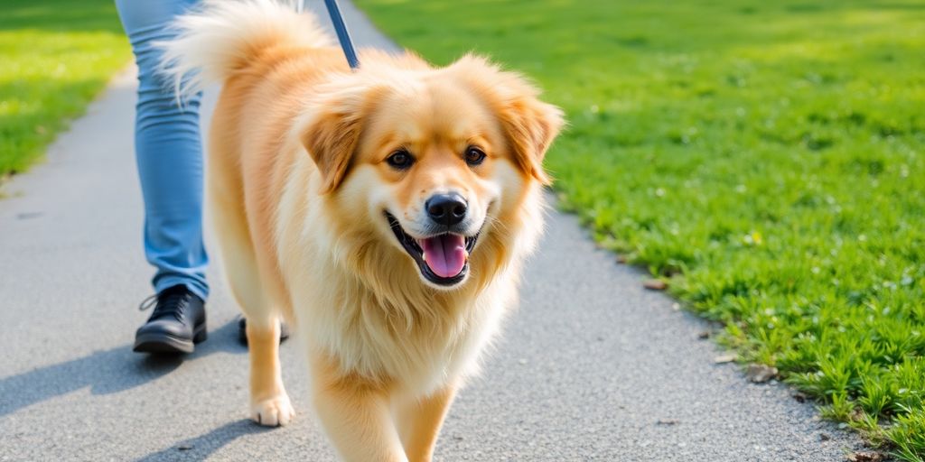 A happy dog on a leash walking with an owner.