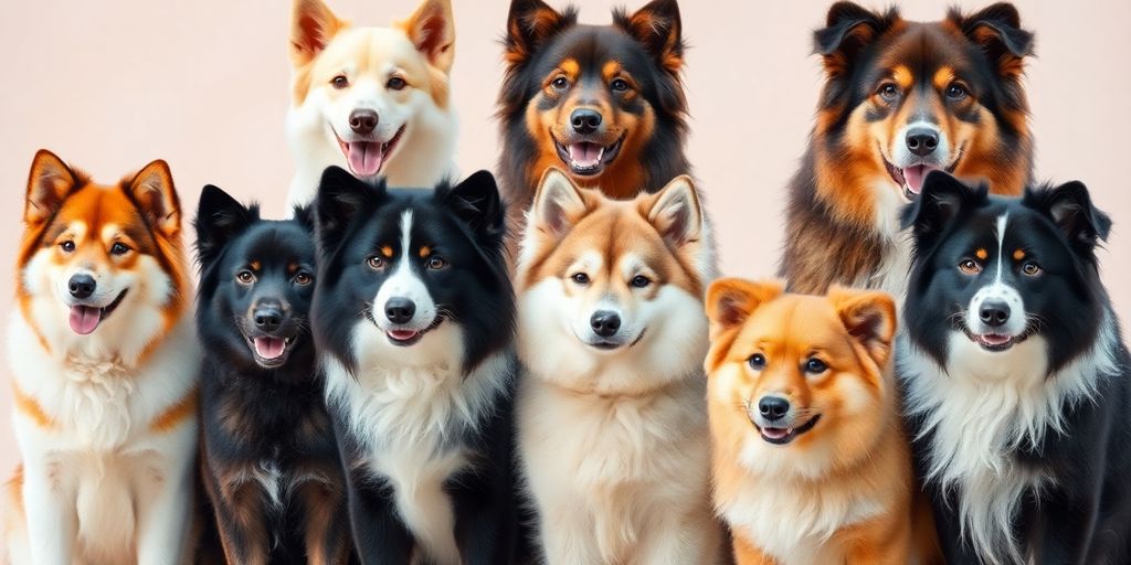 Eight distinct Japanese dog breeds gathered together.
