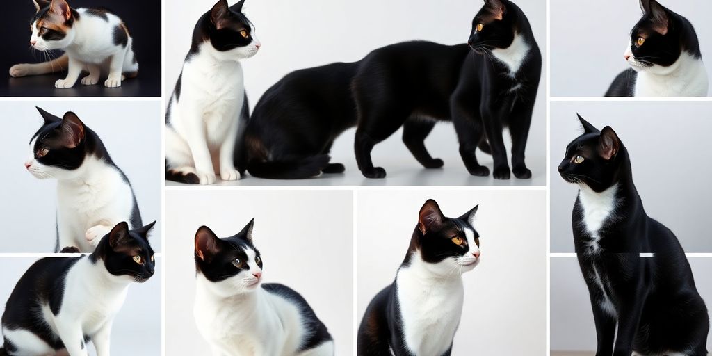 Black and white cats in various poses.
