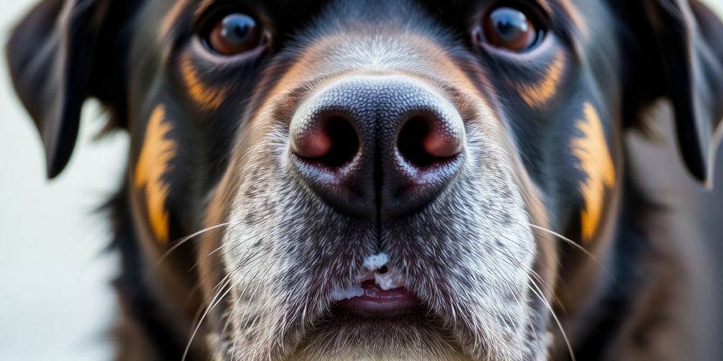 Dog looking concerned with white foam around its mouth