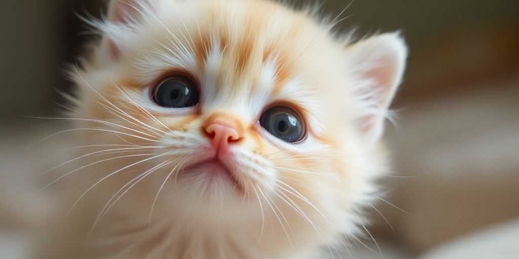 Fluffy, adorable kitten with bright eyes looking upwards.
