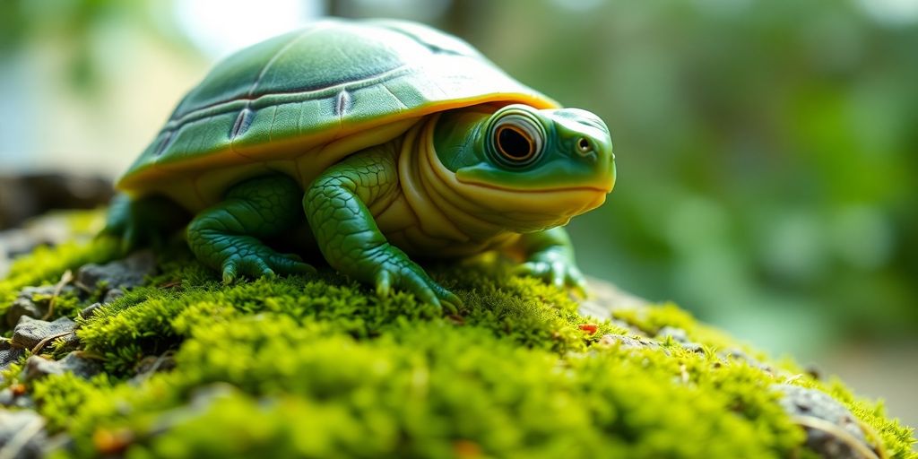 A small green turtle on a mossy rock.