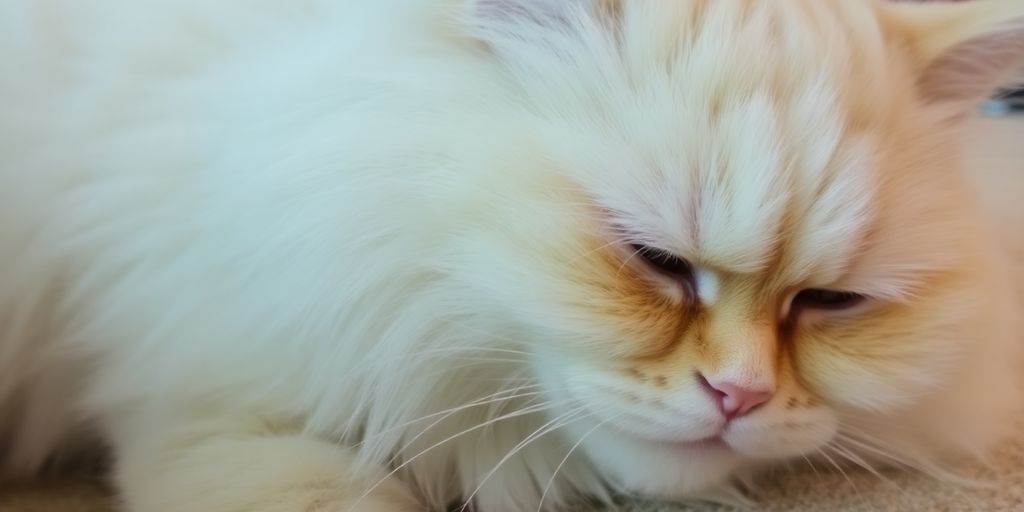 Close-up fluffy cat lounging cozily.
