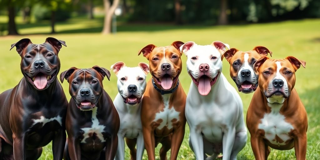 Five pit bulls, various breeds, playful.