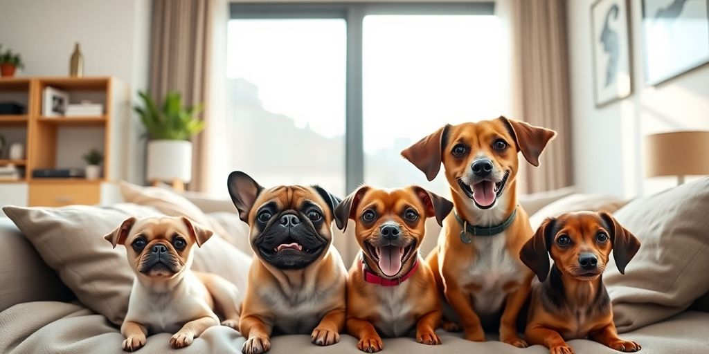 Small, happy dog breeds sitting in cozy apartment.