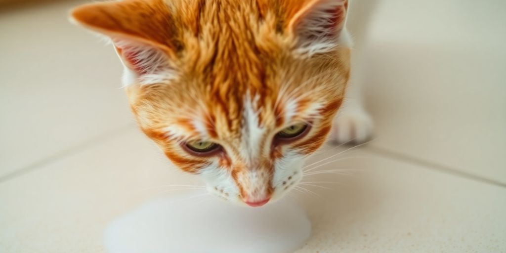 Cat near white foam puddle on light floor.