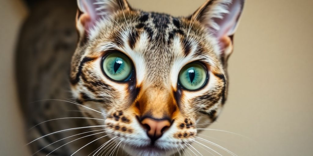 Close-up of a tabby cat with green eyes.