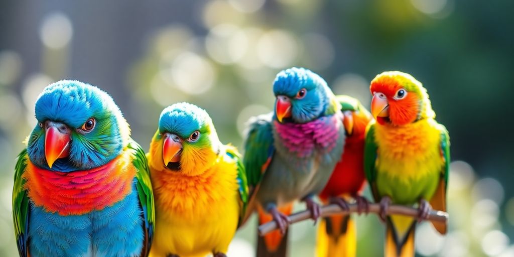 Colorful pet birds perched on branch in soft natural light
