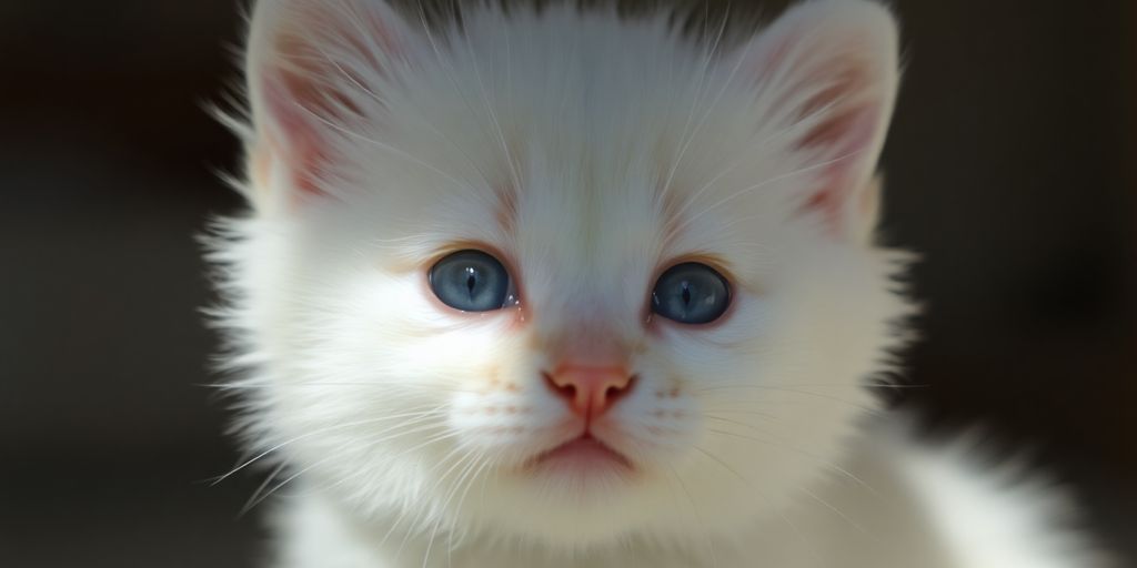 Adorable fluffy white kitten with blue eyes.