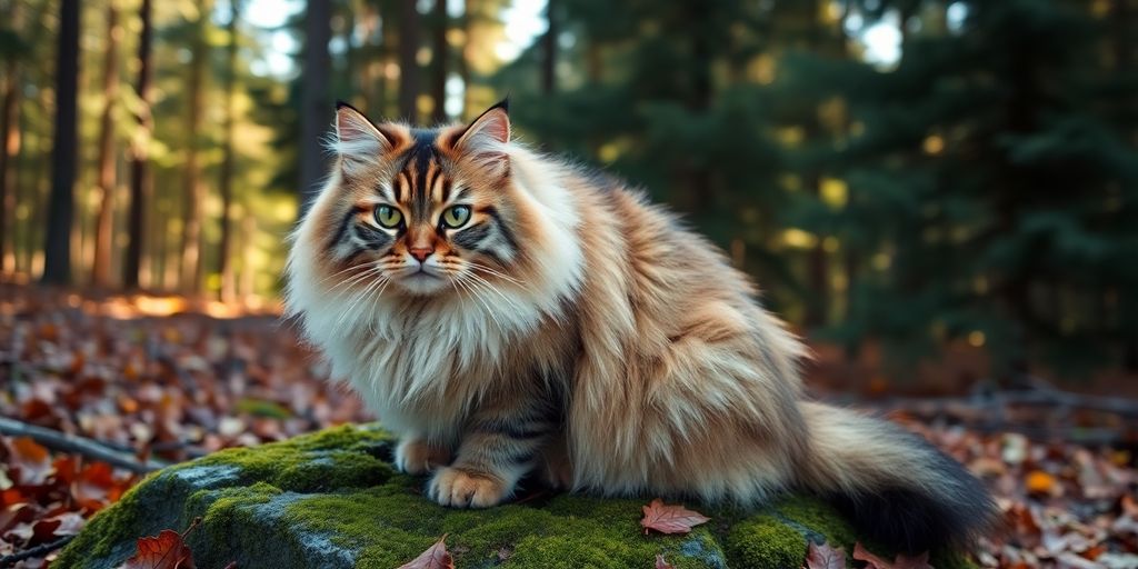 Fluffy long-haired Norwegian Forest Cat sitting on moss-covered forest rock