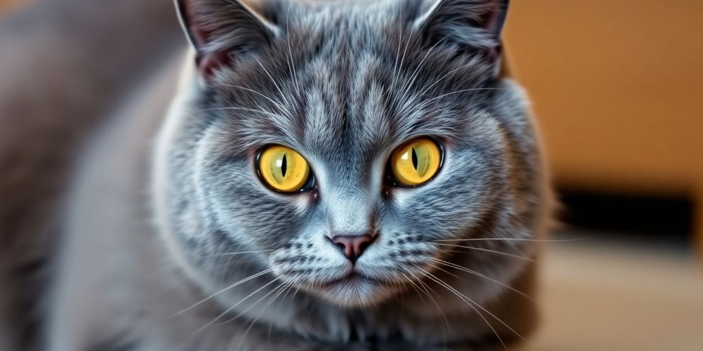Fluffy gray British Shorthair cat sitting.