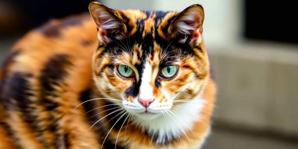 Tortoiseshell cat with patches of orange, black, and cream.