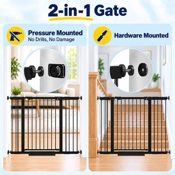2-in-1 installation options including pressure mounted and hardware mounted