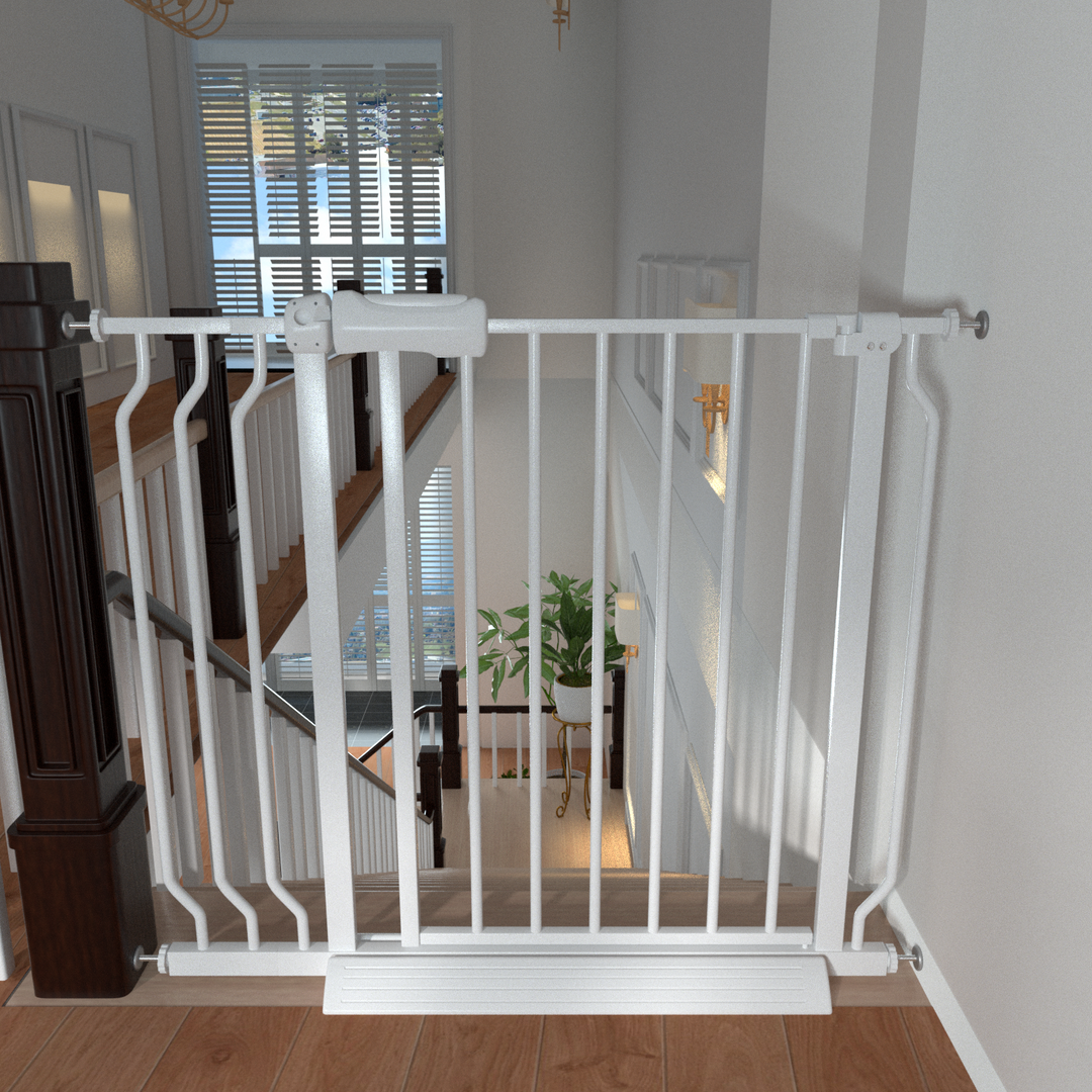 white pressure-mounted extra-wide safety gate for stairs
